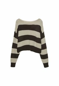 Crocheted sweater with an off-shoulder design, featuring alternating dark brown and cream horizontal stripes. Cropped length and loose fit.