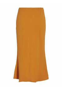 Jupe jaune moutarde, taille haute, longueur cheville, avec une texture subtile et un léger évasement à l'ourlet.