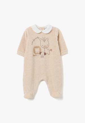 Beiger Baby-Overall mit weißem Kragen, Füßchen und gesticktem Löwen, Giraffe und Welpe mit dem Text "liebe Familie".
