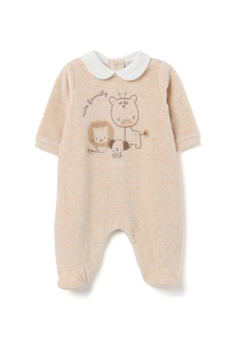 Pelele beige para bebé con cuello blanco, piernas con pies y un león, jirafa y cachorro bordados, junto con el texto "familia adorable".