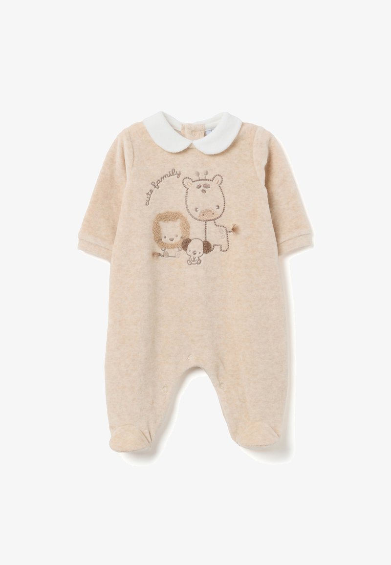 Pelele beige para bebé con cuello blanco, piernas con pies y un león, jirafa y cachorro bordados, junto con el texto "familia adorable".