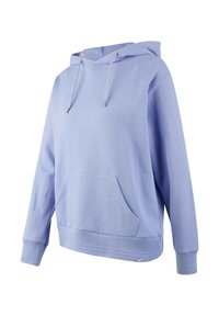 Helle lila Kapuzenpullover mit einer Fronttasche, Kordelzugkapuze und gerippten Bündchen. Hergestellt aus weichem Stoff, mit lockerer Passform und minimaler Detailgestaltung.