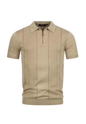 Polo shirt a maniche corte in maglia beige con righe verticali texture e una zip a metà in marrone con un cursore circolare.