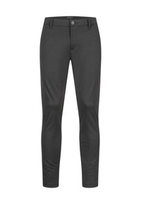 Pantalones ajustados en gris oscuro, confeccionados con una tela suave y elástica. Presentan una cinturilla con passadores para cinturón, cierre de botón y bolsillos.