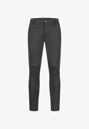 Slim-fit broek in donkergrijs, gemaakt van een gladde, rekbare stof. Voorzien van een tailleband met lussen, knoopsluiting en zakken.