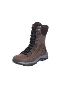 Brązowy zamszowy but z kołnierzem wyłożonym futrem, gumową podeszwą i czarnymi sznurówkami. Definiuje wysoki, dopasowany sylwetkę z detalicznym przeszyciem.