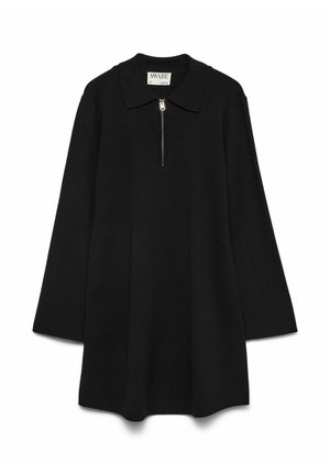 Sort pullover kjole med krave og halv lynlås, der har lange ærmer og en afslappet, A-formet silhuet.