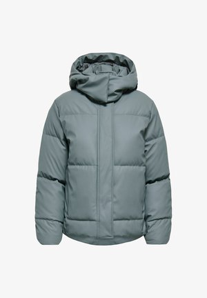 Chaqueta acolchada en un verde apagado, con un collar alto y capucha, con una textura lisa y brillante y detalles de costura horizontal.
