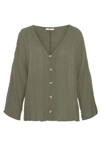 Blusa verde oliva con scollo a V, maniche lunghe e sette bottoni sul davanti. Il tessuto ha una consistenza morbida e fluida.