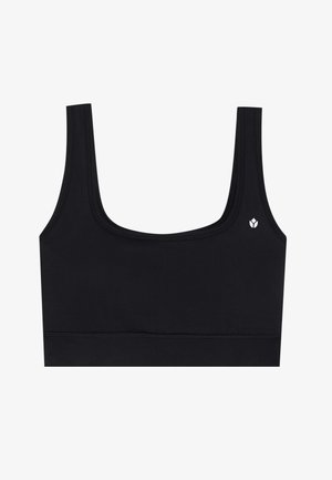 Soutien-gorge de sport noir avec un décolleté arrondi, de larges bretelles et une silhouette ajustée. Accent de logo notable sur le côté gauche. Texture de tissu lisse.