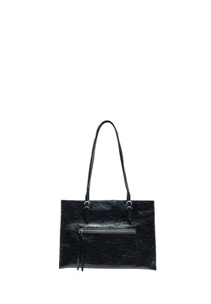 Schwarze rechteckige Lederhandtasche mit langen dünnen Trägern und einer vorderen Reißverschlusstasche mit Quastenanhänger.