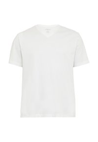 Witte katoenen T-shirt met een V-hals en korte mouwen. Gladde textuur, minimalistisch ontwerp, geen zichtbare patronen of accenten.