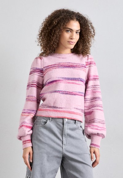 Pink striped knit sweater with puffed sleeves, featuring horizontal lines in purple and red. Ribbed cuffs and hem, soft texture.