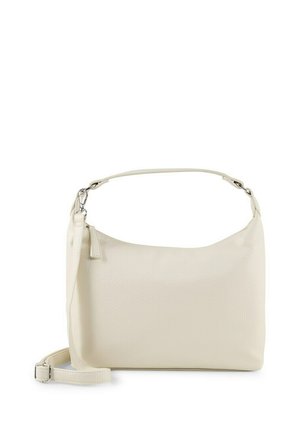 Sac à main en cuir couleur crème avec bandoulière réglable et poignée supérieure arrondie, design minimaliste et ferrures ton argent.