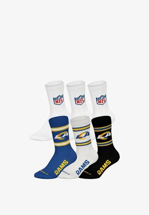 Drei Paar NFL-Socken mit dem Logo der Los Angeles Rams, jeweils ein Paar in Blau, Weiß und Schwarz.