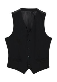Schwarze Weste mit elegantem Design, ausgestattet mit fünf Knöpfen, zwei Fronttaschen und einem glatten Satin-Futter auf der Rückseite. Taillierte Passform ohne Ärmel.
