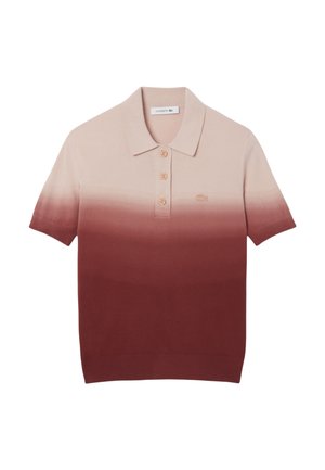 Polo shirt in gradient hues from light pink to deep red, featuring a collar, three buttons, and a small embroidered logo on the chest.