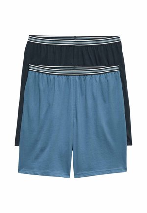 To par herreshorts med elastik i taljen, et blåt og et sort, begge med sorte og hvide stribede taljebånd, stablet foran og bagved.