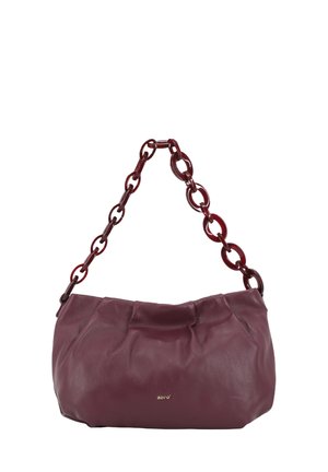 Maroon leather shoulder bag with a gathered design, featuring a chunky red plastic chain strap and a small gold logo on the front.