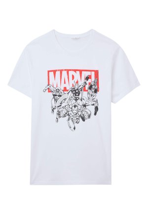 T-shirt in cotone bianco con una stampa grafica nera e rossa di personaggi Marvel in azione, con un audace logo "MARVEL!".