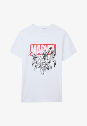 T-shirt in cotone bianco con una stampa grafica nera e rossa di personaggi Marvel in azione, con un audace logo "MARVEL!".