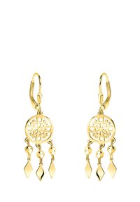 Guldörhängen med ett cirkulärt, filigranmönster och tre hängande element: runda pärlor och diamantformade detaljer. Blank yta, lättviktiga.