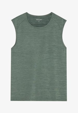 Rövid ujjú, zöld sportos trikó lélegző anyagból, sima tapintással; kerek nyakkivágással és minimális varrásokkal rendelkezik.