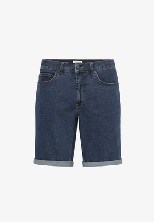 Denimshorts i mørkeblå med oppbrettede kanter. Har fem lommer, knapp- og glidelås-lukking, samt lette sømdetaljer.