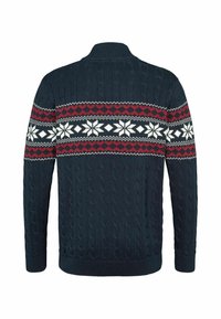 Pull en maille torsadée bleu marine avec motif flocon de neige et losange blanc et rouge sur la poitrine et les manches, vu de dos.