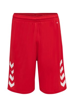 Røde atletikshorts med elastisk taljebånd og hvide chevron-mønstre på ydersiden af begge ben.