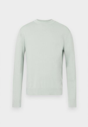 Jasnozielony sweter robiony na drutach z długimi rękawami, okrągłym dekoltem oraz ściągaczami w mankietach i u dołu. Gładka tekstura i minimalistyczny design.