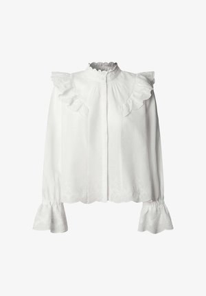 Witte blouse met lange mouwen, gerimpelde schouders, hoge geschulpte kraag en geschulpte manchetten, met delicate geborduurde details.