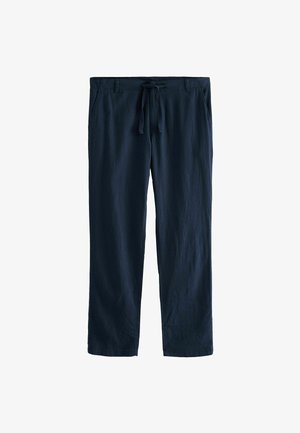 Pantalons droit bleu marine en tissu léger avec une taille réglable à cordon et des poches latérales. Texture lisse, design minimal.