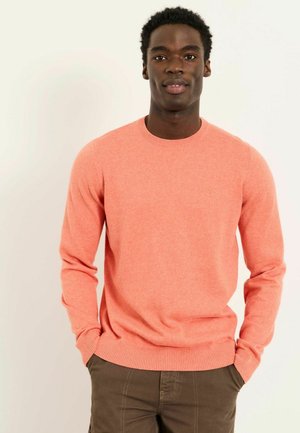 Mann trägt korallenfarbenen Pullover mit langen Ärmeln und braune Hose, steht mit den Händen in den Taschen vor einem schlichten hellen Hintergrund.