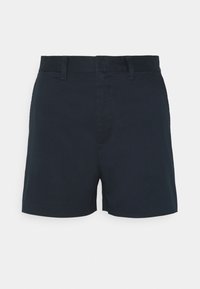 Pantalones cortos azul marino hechos de tejido texturizado, con un diseño frontal liso, trabillas para cinturón y un cierre estándar. Diseño simple y funcional.