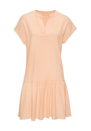 Light peach short-sleeve dress with a V-neck, textured vertical stripes, loose fit, and gathered skirt hem.