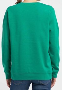 Sudadera verde de algodón, con cuello redondo, puños y cintura acanalados. Textura suave y color sólido, sin patrones ni detalles.