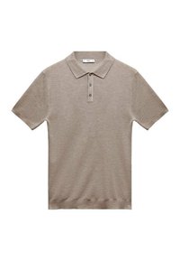 Polo en maille beige à manches courtes avec col et patte à trois boutons, posé à plat sur un fond blanc.