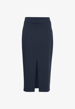 Granatowa spódnica do kolan typu ołówkowego z rozcięciem z przodu. Wykonana z gładkiego materiału, posiada dopasowany pas i prosty krój.