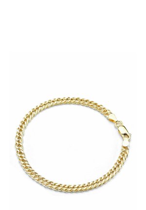 Guld kædearmbånd med sammenkoblede led og en sikker lås. Lys metallisk finish med en glat overflade.