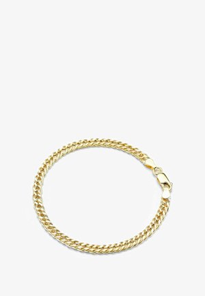 Kultaketju, jossa on toisiinsa kytkeytyviä lenkkejä ja turvallinen kiinnitys. Kirkas metallinen pinta, jossa on sileä rakenne.