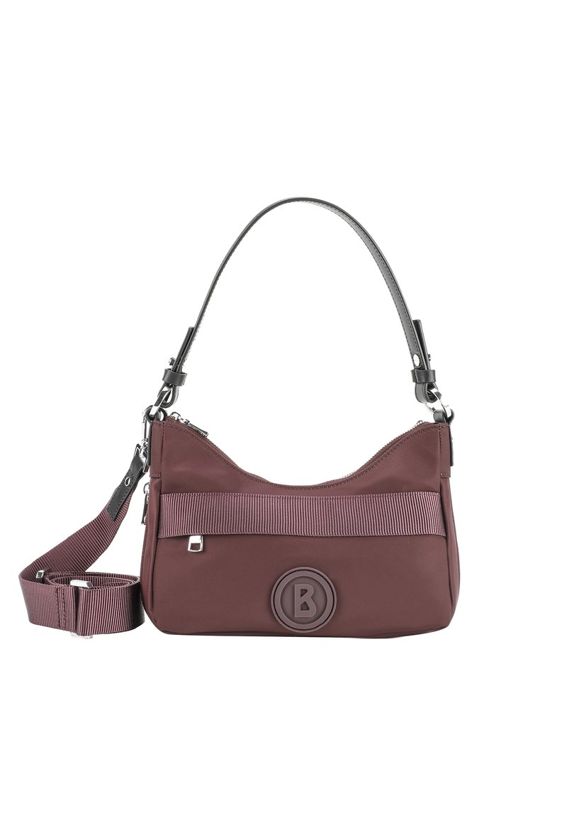 Borsa a spalla bordeaux con esterno in tessuto liscio, un'accensione a righe, forma arrotondata e tracolla regolabile con dettagli in metallo.
