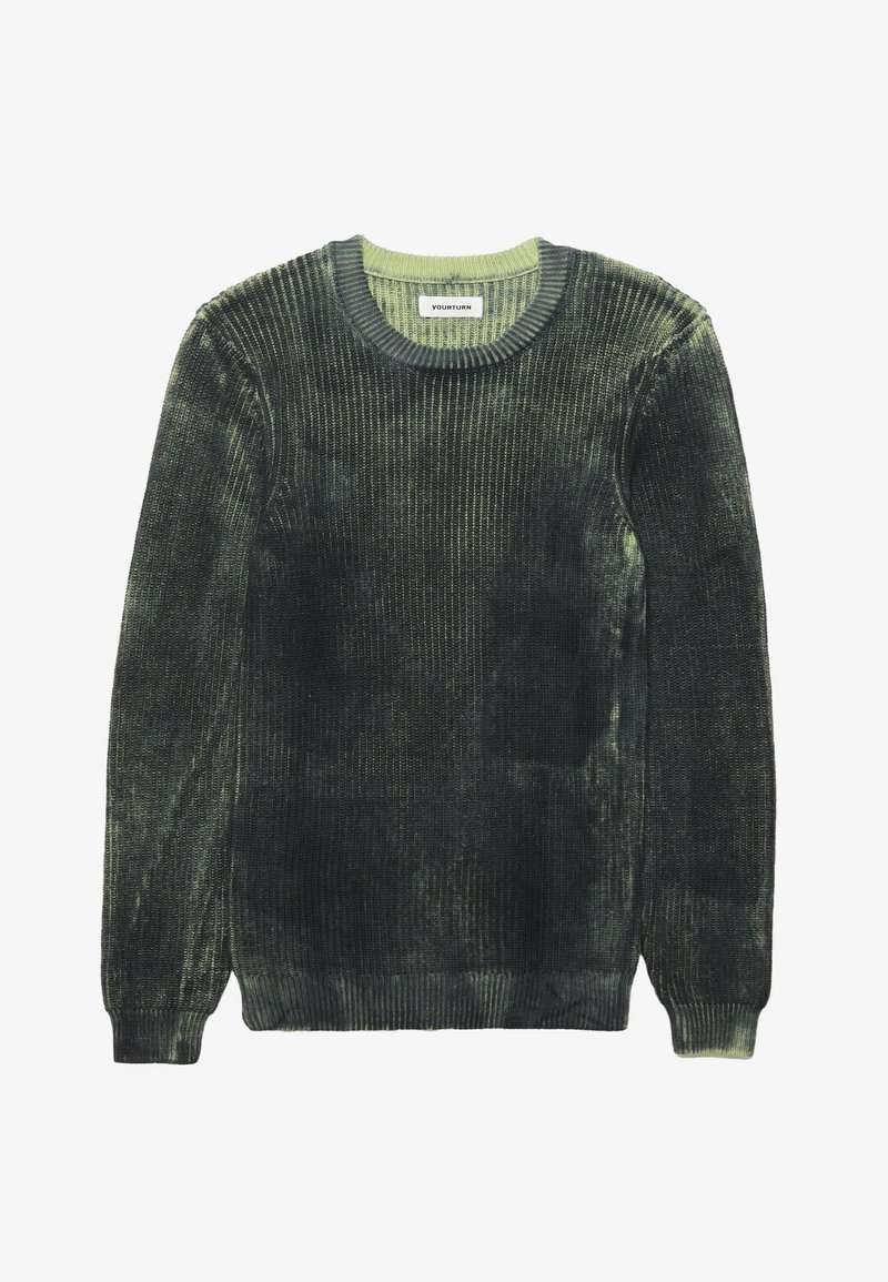 Tumši zaļš ribots adījums ar mīkstu tekstūru, apaļo kakla izgriezumu un garām piedurknēm. Iezīmējas ar gaiši zaļiem akcentiem uz kakla izgriezuma un malām.