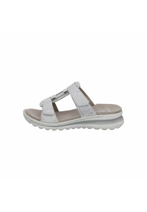 White sandals with two adjustable straps and a textured finish. Cushioned footbed on a lightweight, flexible sole with rounded edges.
