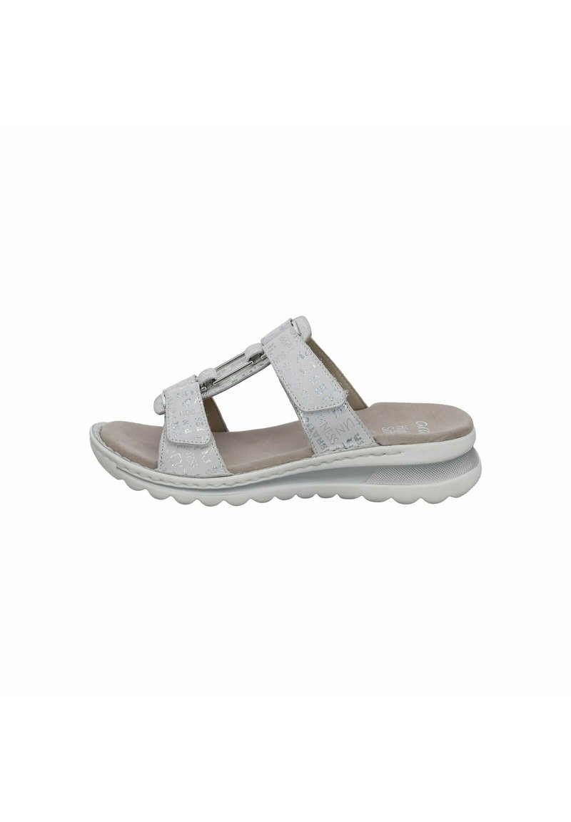 White sandals with two adjustable straps and a textured finish. Cushioned footbed on a lightweight, flexible sole with rounded edges.