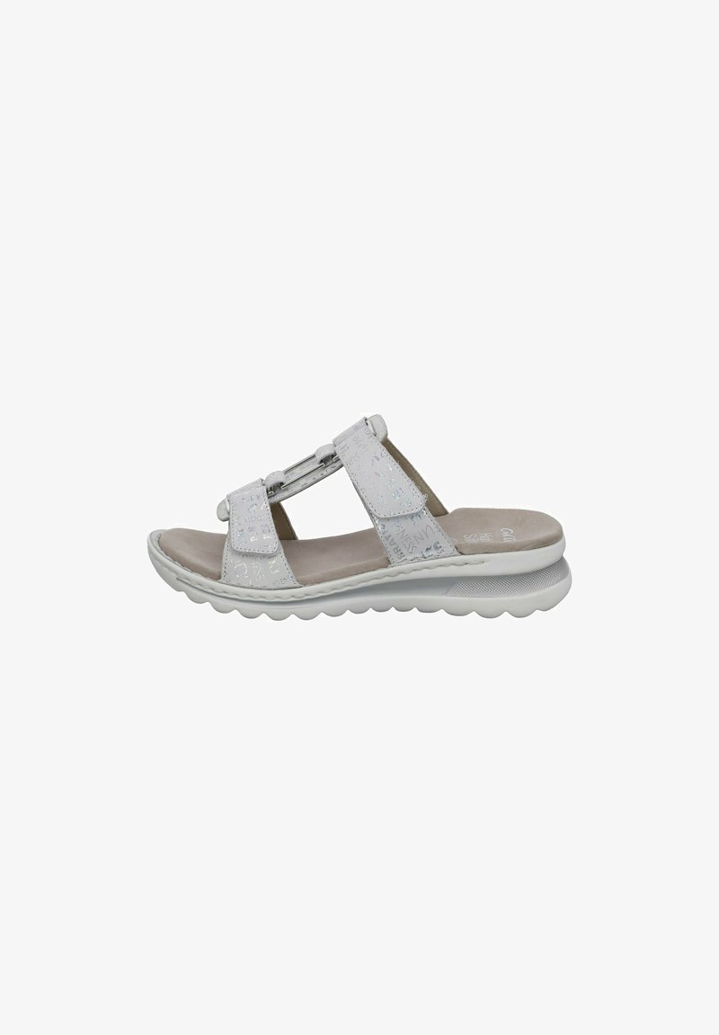 White sandals with two adjustable straps and a textured finish. Cushioned footbed on a lightweight, flexible sole with rounded edges.