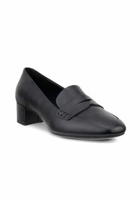Μαύρο δερμάτινο loafer με χαμηλό τακούνι, τετράγωνη μύτη, διακοσμητικό λουράκι μπροστά και χοντρό τακούνι.
