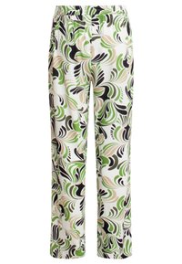 Losse, elastische broek met een bloemetjespatroon in groen, zwart en beige op een witte achtergrond. Gemaakt van lichtgewicht stof.