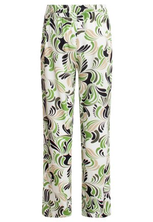 Loose-fitting, elastic waistband pants featuring a floral pattern in green, black, and beige on a white background. Made from lightweight fabric.