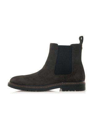 Botín de ante negro con paneles laterales elásticos, puntera redondeada y lengüeta. Cuenta con una suela de goma duradera con textura para un mejor agarre.